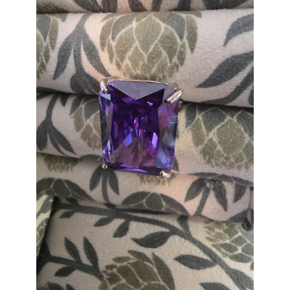 Sterling Silver Large Emerald Cut Purple Stone Statement Cocktail Ring Size 6